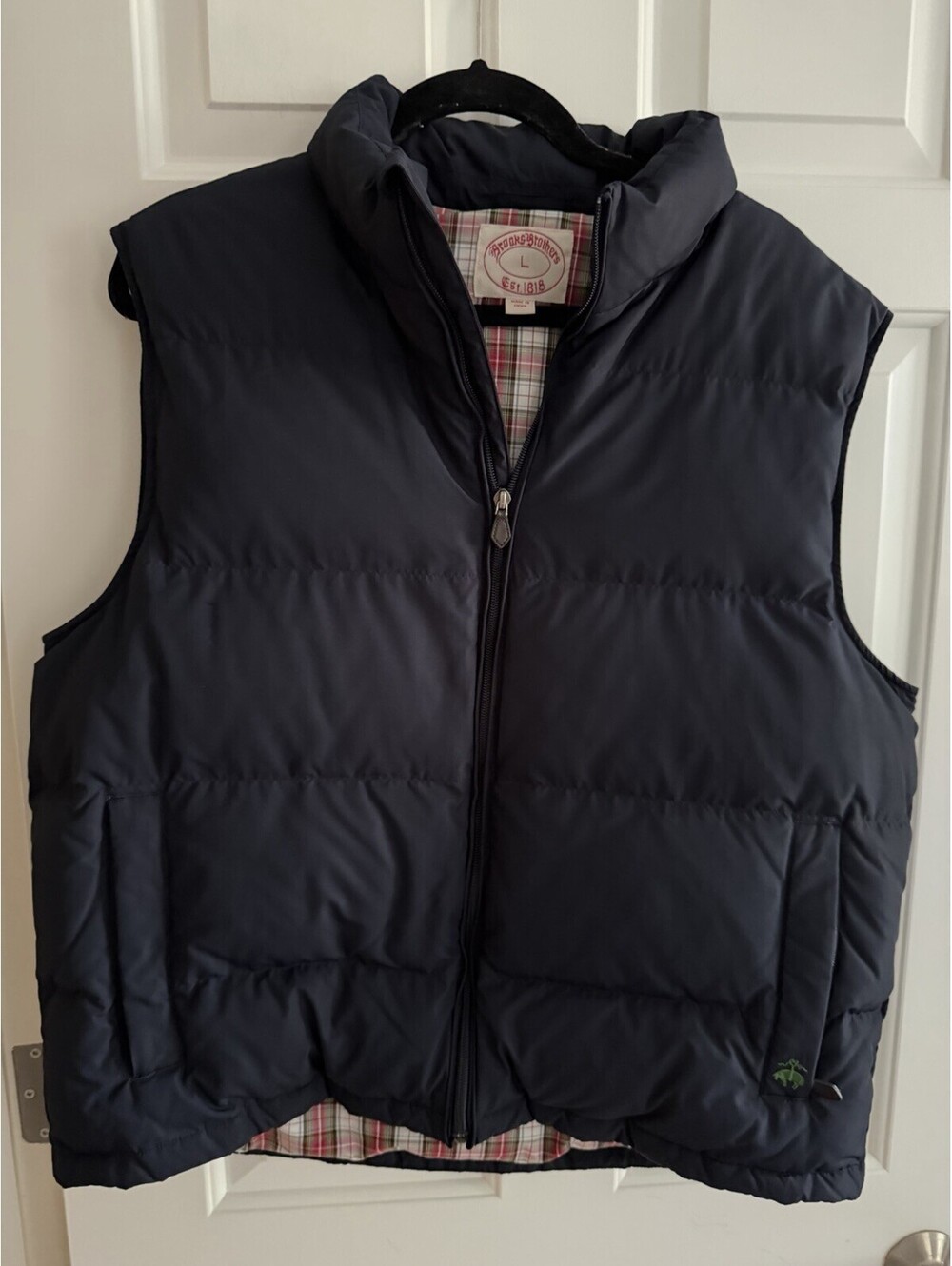 Brooks Brothers Down Puffer Vest Mens Large Navy Blue Plaid Lined Fleece Logo